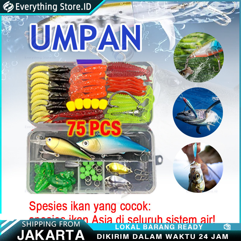 75pcs Set Umpan Pancing Fishing Tackle Box Soft Plastic Lure Umpan Campur Set Aksesoris Umpan Pancin