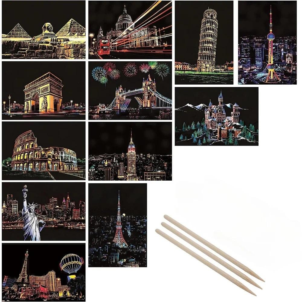 

DIY 4Pcs Children Night Scene Art Scratch Painting Toys City Building Landscape Kids Educational Toys Birthday Gift Room Decor