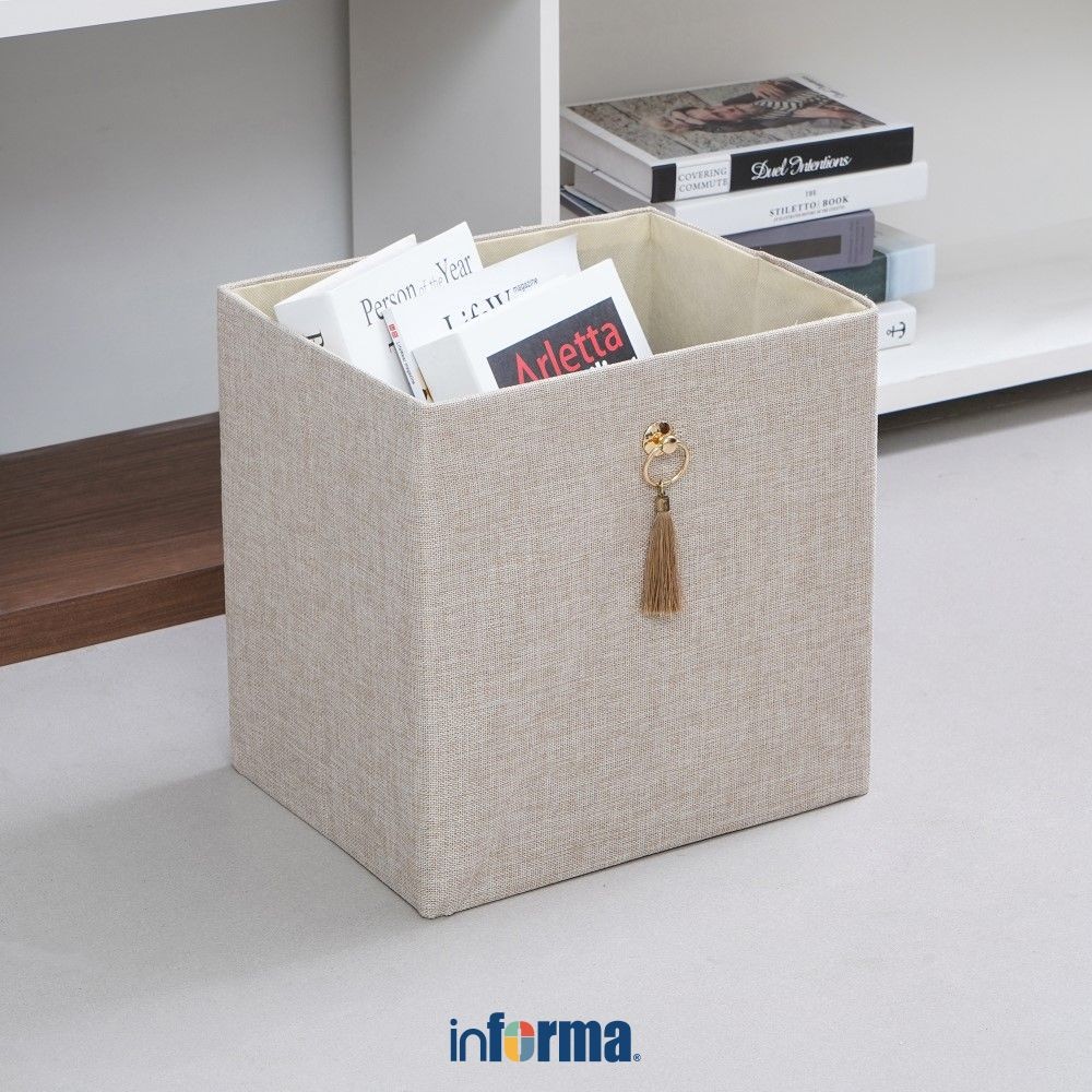 Informa 32x25x32 cm Kotak Penyimpanan Lipat Linen - Krem Kotak Serbaguna Wadah Simpan Storage Box Bo