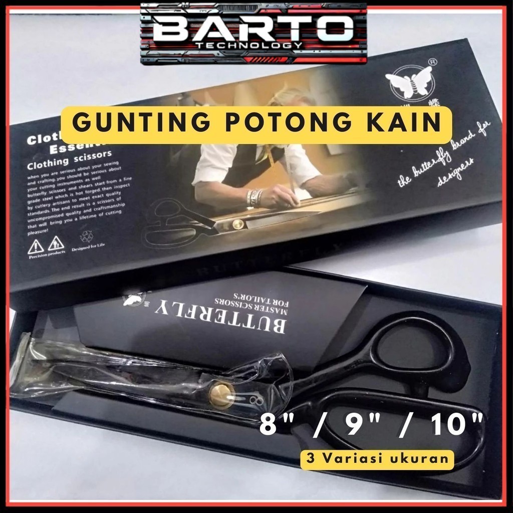 

BARTO - Gunting Potong Kain Original Butterfly Hitam Bahan Baja Mangan Galvanis 8" / 9" / 10" Tailor Scissors Professional