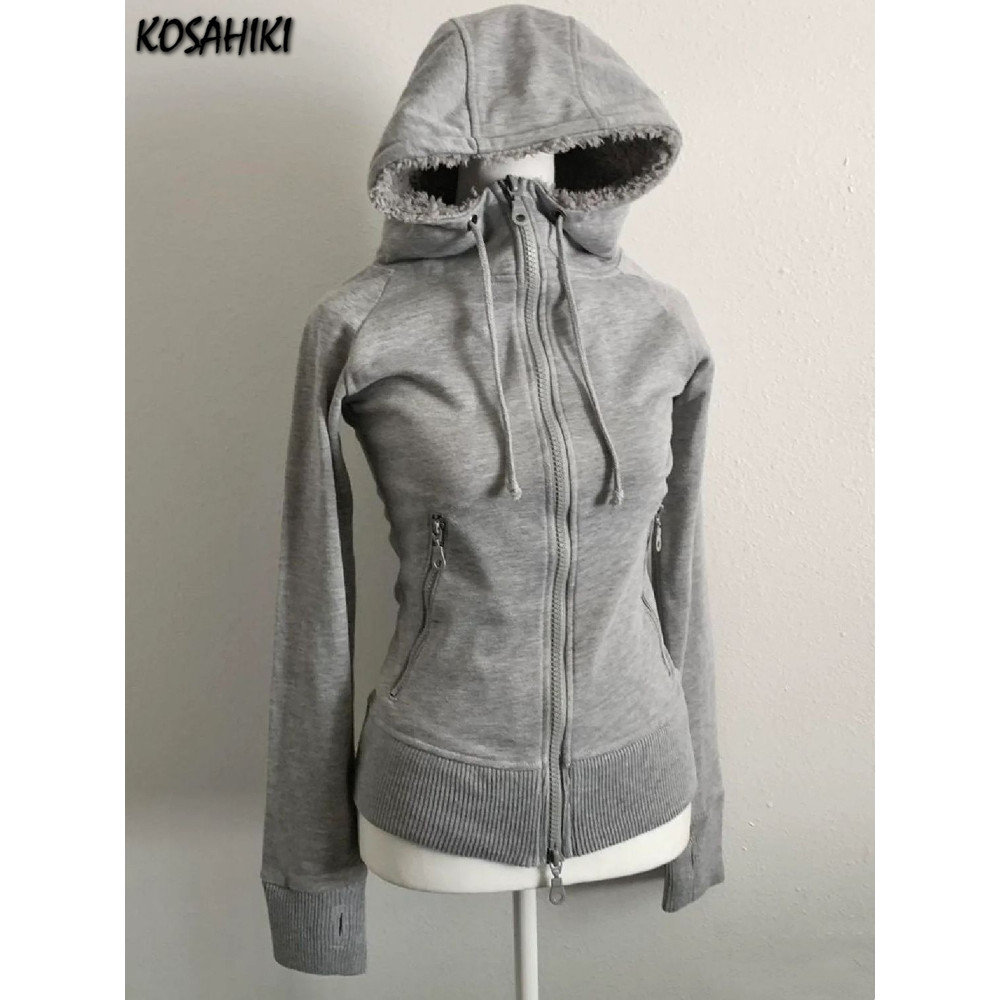 Autumn Grunge Solid Hooes Harajuku Vintage Double Zipper Jacket Casual Drawstring Sweatshirt Y2k Aes