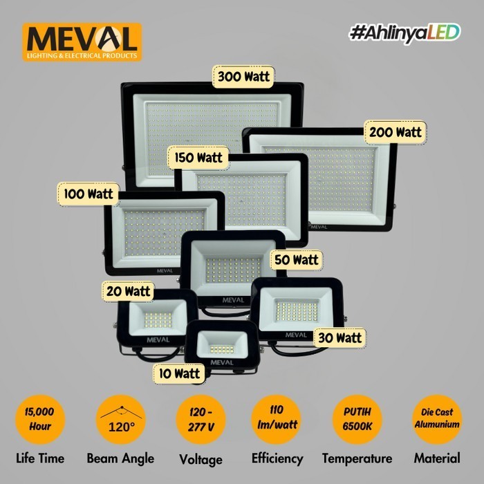 MEVAL Lampu Sorot LED Floodlight Tahan Air IP66 10 Watt - 300 Watt