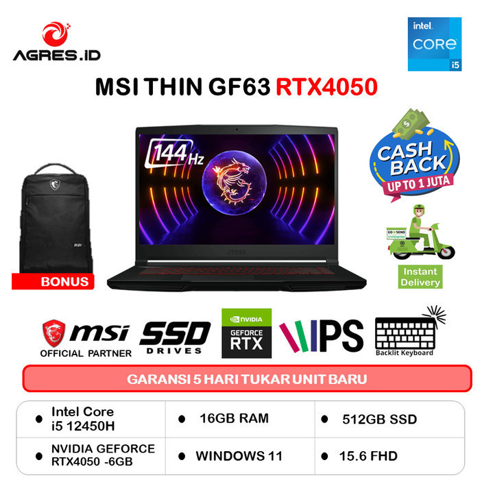 MSI THIN GF63 RTX 4050 i5 12450H RAM 8/16/32GB 512SSD 15.6 FHD IPS 144HZ