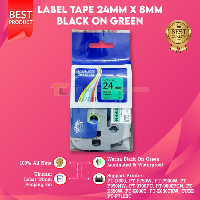 

Label Tape TZE-751 Black On Green 24mm Casette Laminated Compatible