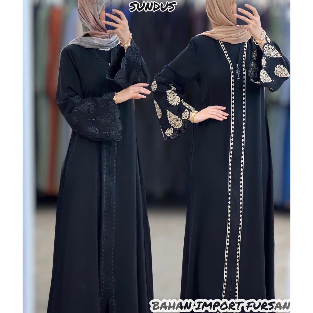 100% Original ABAYA SUNDUS GOLD & HITAM FURSAN CRYSTAL CREPE SAUDI IMPOR BORDIR KOMBINASI BLINK MATA