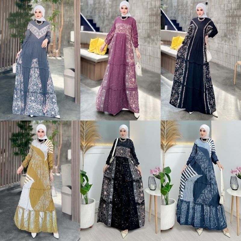 PROMO CUCI GUDANG Gamis Twill Ori Rayon Super Candi Mekar Cap Malaman Motif Terbaru Wanita Muslim