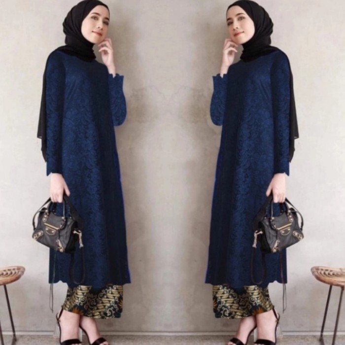 promo ✨ -atasan kebaya brukat modern long cape hijau atasan kebaya tunik brokat - Biru Mint