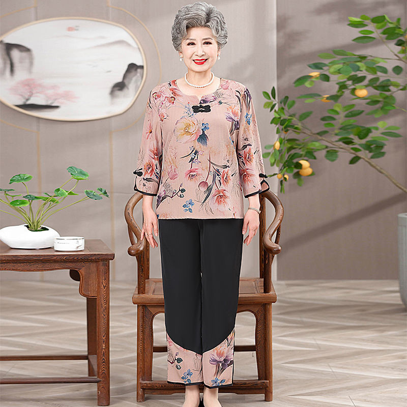 Pakaian Musim Panas Nenek Set Pakaian Orang Tua Tipis Gaya Barat Cetak Ibu Musim Panas Dua Potong