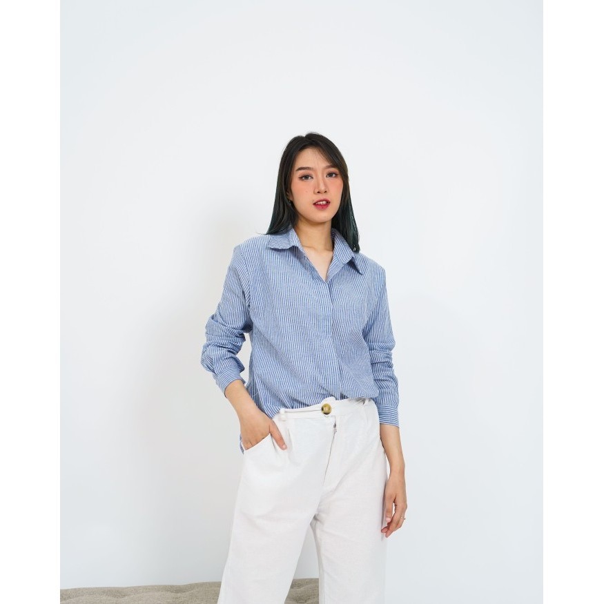 Chamele - kemeja salur basic wanita motif stripe 2155 - Jumbo Kantong, Hitam abu