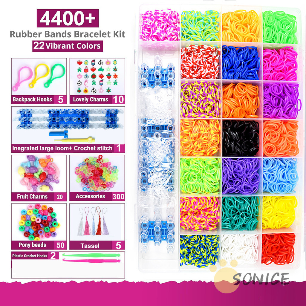 Kit Gelang Karet 4400 Dengan Kait Rajutan Logam 22 Warna Kit Pembuat Gelang Tenun Untuk Anak-anak, K