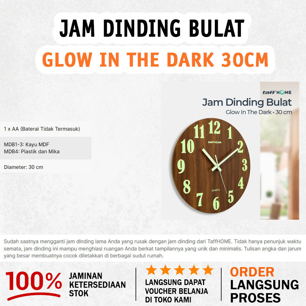 Jam Dinding Desain Luminous Jarum & Angka Menyala Dalam Gelap Tak Bersuara Diameter 30CM