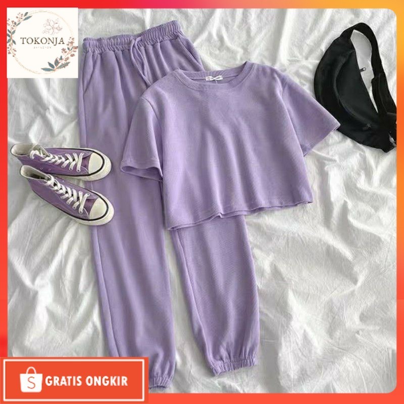 One Set Terkini / KAOS DAILY CROP TOP ONE SET POLOS / SETELAN ONE SET WANITA / PAKAIAN WANITA / ATAS