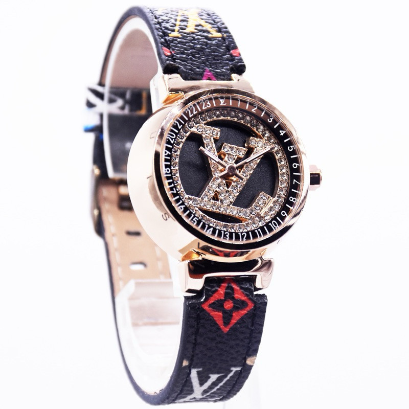 FULL SET EXCLUSIVE - Jam tangan best seller wanita LV PUTAR DIAMOND strap kulit sinteties premium - 