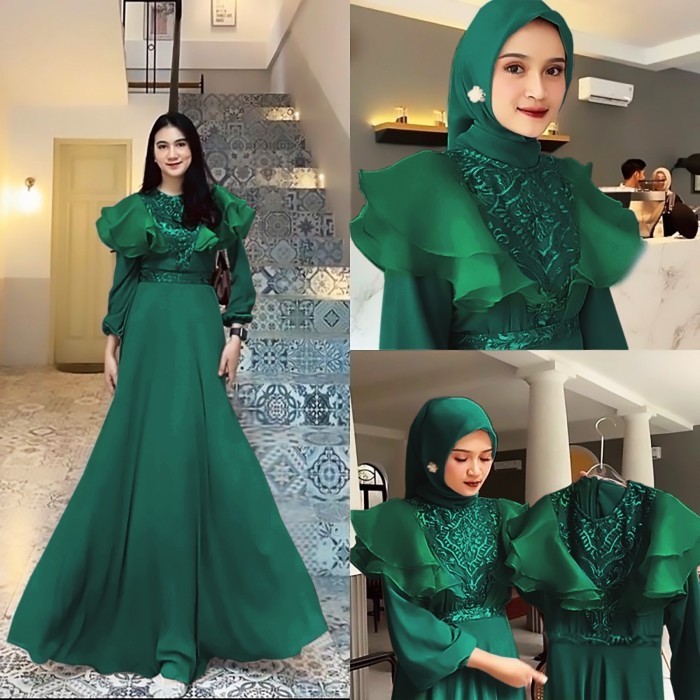 dress megati hijau botol Baju pesta remaja cantik murah  - M - NM