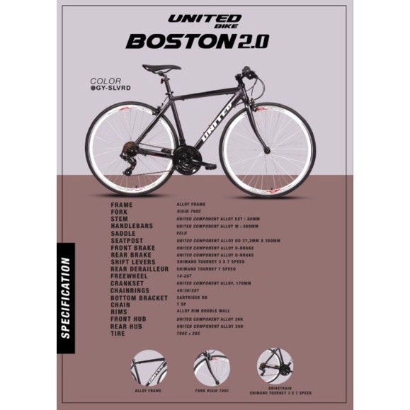 SEPEDA BALAP HYBRID ROADBIKE 700C X 28C UNITED BOSTON 2.0 FRAME ALLOY OPERAN SHIMANO 21 SPEED MURAH 
