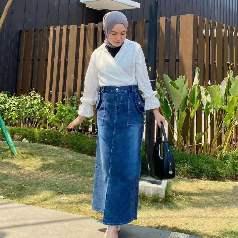 OS - Jihyo Rok Jeans Span Skirt Bawahan Jins Panjang Maxi Wanita Remaja Kekinian Terbaru Simple Outf