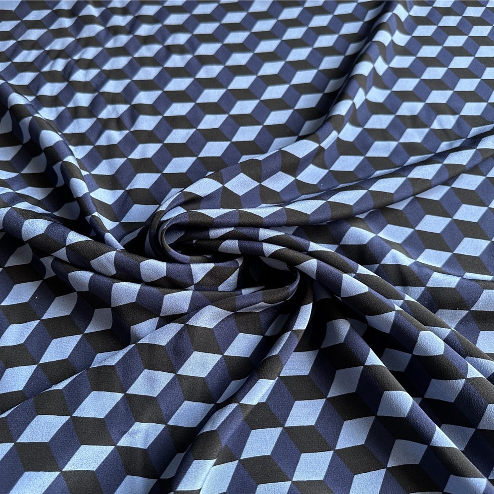 1 meter 100% Mulberry Silk 18 momme Crepe Silk Fabric Blue Cube Printed 140cm 55" wide by the yard J