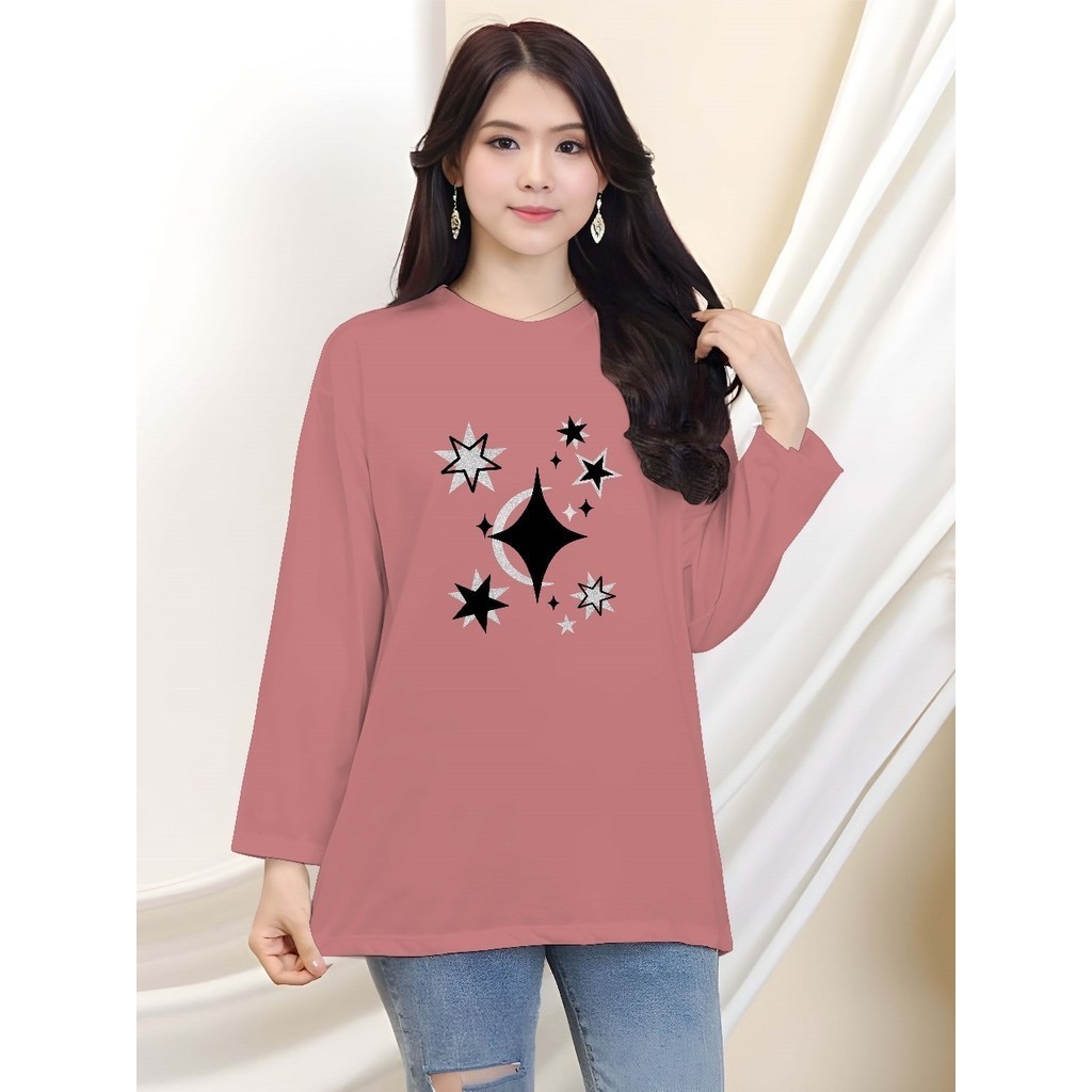 Kaos Oversize Wanita Panjang/ Kaos Distro Wanita Lengan Panjang / Kaos Streetwear Panjang bintang