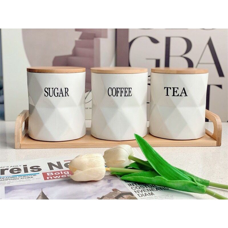 [ME] Toples Kopi Teh Gula Canister Tempat Penyimpanan Kopi Keramik 1 Set 3PCS dengan Tatakan