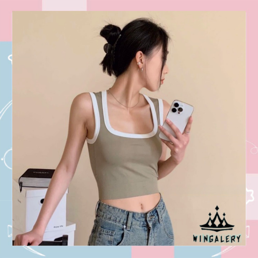 WINGALERY Tanktop Crop Bra Tali Lebar Leher Persegi Tanktop Bra Dengan Busa Crop Top Fashion Wanita 