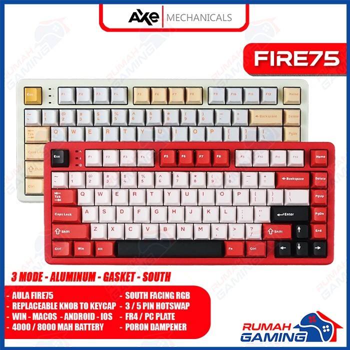 AULA FIRE75 Mechanical Keyboard 75% - 3 Mode Koneksi, Hot Swap, RGB Backlighting, Baterai 8000mAh