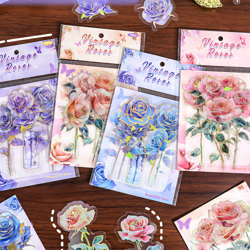 

Journamm 10 PCS Vintage Rose Stickers PET Scrapbook Stickers Creativity Adhesive DIY Sticker Decorative Junk Journal Supplies