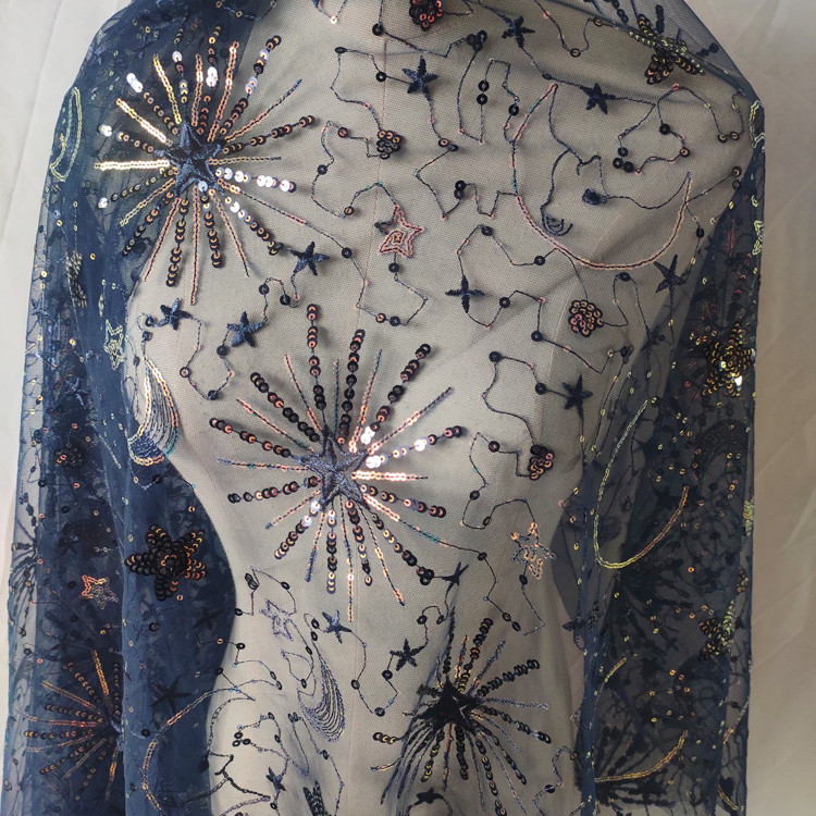 

Sequin Mesh Fabric Stars Moon Embroidery Lace Fabric for Dress Wedding Lace Decoration Custom DIY Starry Sky Lace Fabric