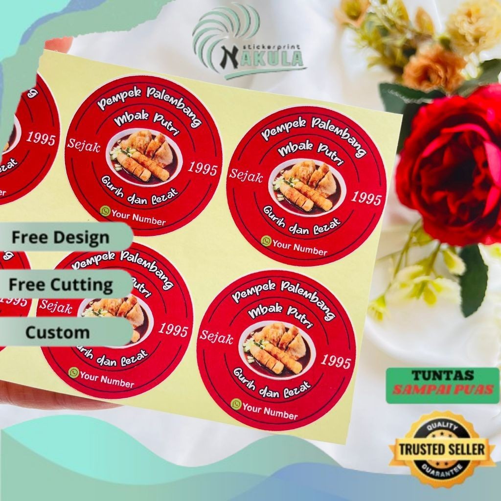 

NKL 9-15 Cetak Sticker Makanan Pempek Chromo Bulat Free Desain Cutting Kiss Cut Custom Murah