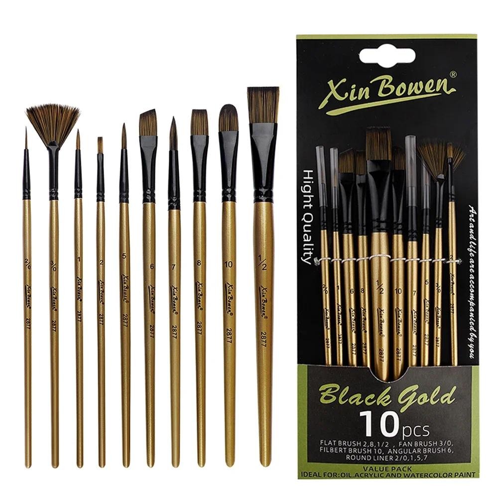 

10 Pcs Paint Brush Set Liner Flat Round Filbert Fan Brushes with Nylon Bristles for Acrylic Oil Watercolor Canvas Art Projects