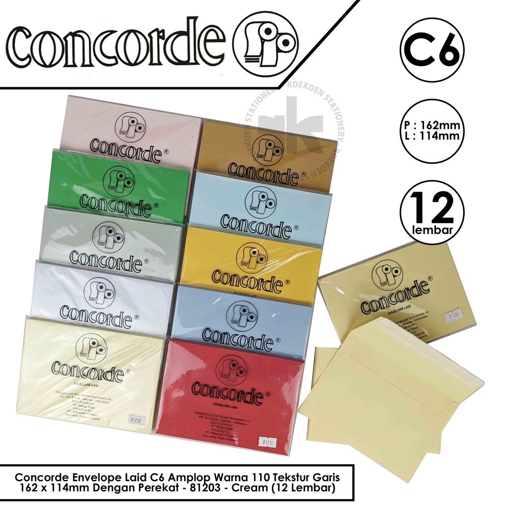 

Concorde Envelope Laid C6 Amplop Warna 110 Tekstur Garis 162 x 114mm Dengan Perekat (12 Lembar)