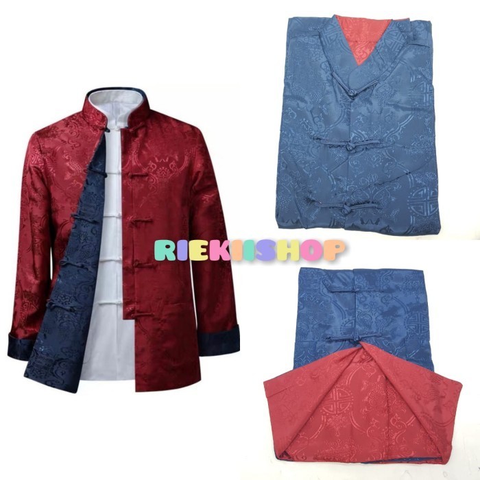 promo ✨ -Cheongsam qipao pria maroon kuning navy bolak balik bahan semi sutera - Biru Merah, XXL