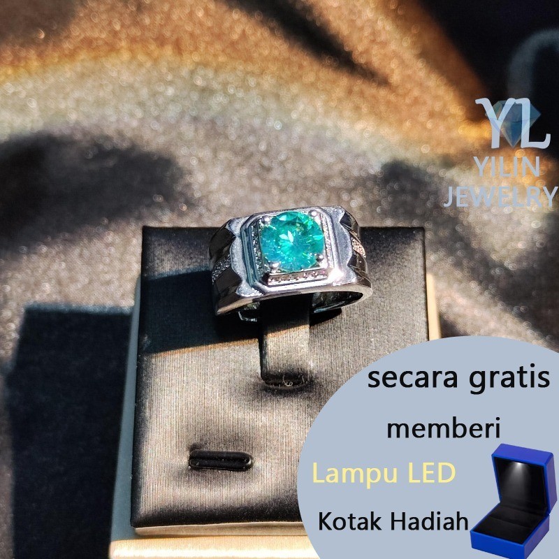 Cincin Pt950 Full Diamond Pria Ring Terbuka Pt950 Biru Hijau Moissanite