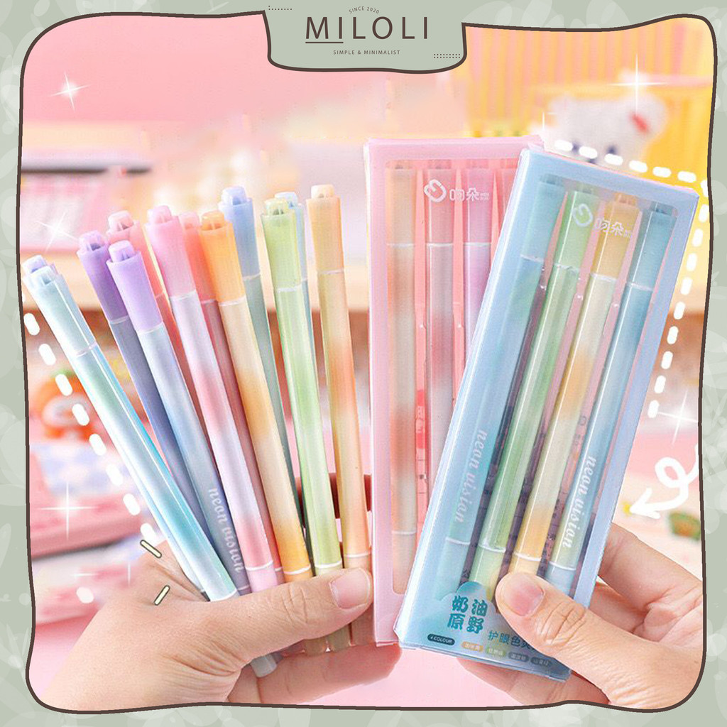 

[MILOLI] 4Pcs DOUBLE HEADED MORANDI Highlighter Color Aesthetic Stationery - D0065