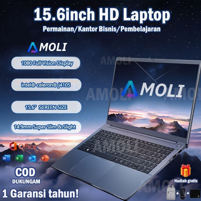 AMOLI  [2024  Stok Tersedia] Laptop Baru Asli 15,6 Inci Upgrade Windows 11 1920X1080 FHD IPS Tampilan RAM 8GB + SSD 256GB Dual Wifi2.4G/5G Tipis dan Ringan, Masa Pakai Baterai Tinggi, Cocok untuk Universitas dan Kantor, Hadiah + Garansi 1 Tahun  laptop hp