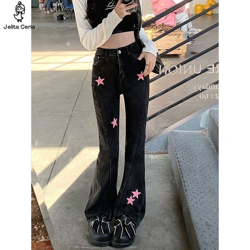 [ COD✅ ] JelitaCeria  Jeans Kaki Lebar Getaran Amerika Ukuran Besar untuk Wanita Di Musim Semi dan M