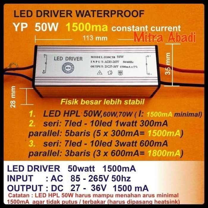 LED Driver 50 Watt 1500 mA Casing Besi WATERPROOF