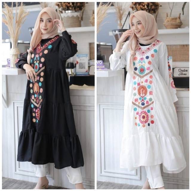 Anna long tunik bordir wanita cantik/tunik hitam putih/long tunik/baju lebaran wanita/baju bordir/ G