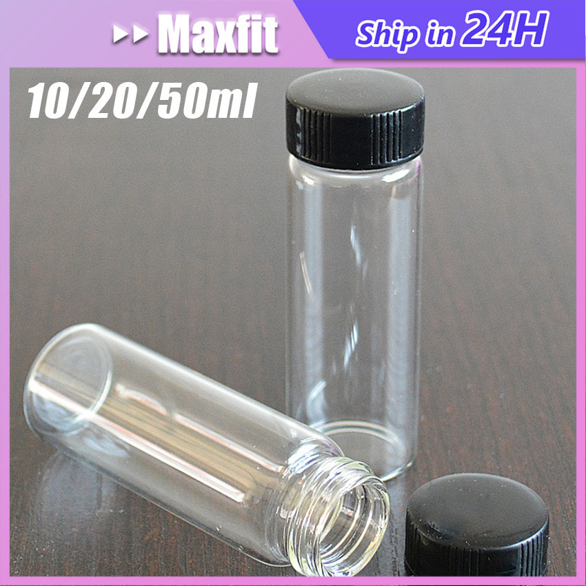 5Pcs Botol Kaca Kecil Clear 10 Ml 20mL 50mL Tutup Ulir Hitam Refillable Vial Tester Sample Laborator