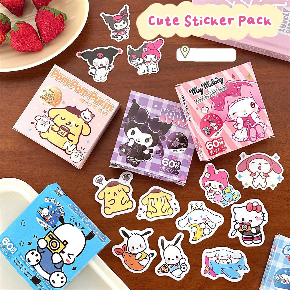 

SHINSDAY (60pcs) Sticker Lucu Karakter Sanrio Pomponpurin Cinamoroll Kuromi Hello Kitty My Melody Pochacco Deco Sticker