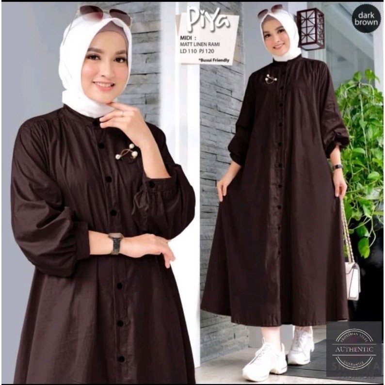 COD Piya Midi Dress Long Tunik Muslim Linen Full kancing Atasan Wanita Modern Kekinian Marbel Tunik 