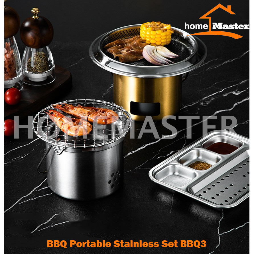 HomeMaster BBQ/Barbecue/Panggangan/Grill Portable/Mini Stainless/Besi Baja Tahan Karat Set 3 Pcs BBQ