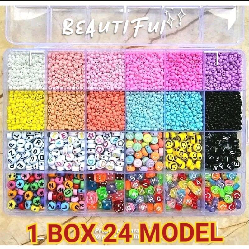 Manik Manik Mote 6.0 4MM Pasir 24 Sekat Basic Lengkap 24 Warna Manik Pasir Payet Free Senar Elastis 