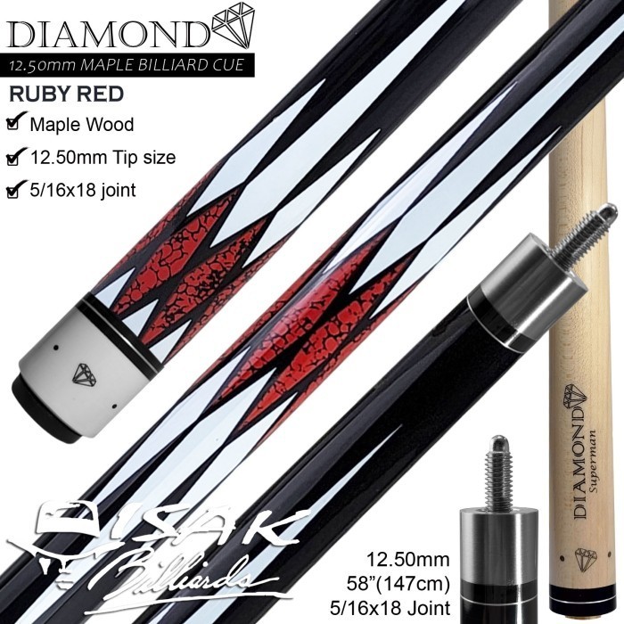 Diamond Maple Pool Cue 12.5mm | Ruby Red Billiard Stick Bola Besar