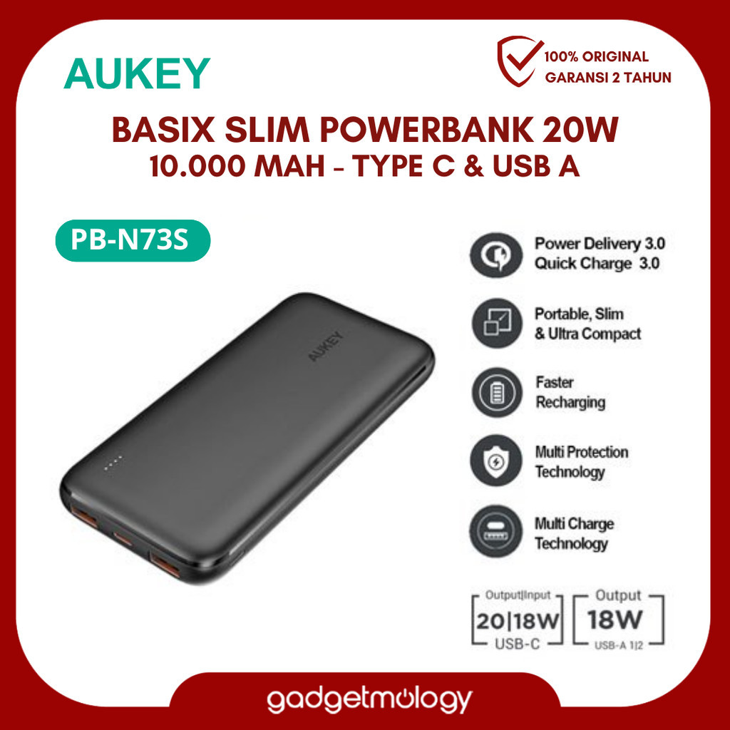 AUKEY Powerbank Basix Slim 10000mah 20W Dual Port Type C & USB A PD 3.0 Power Bank Portable PB-N73S