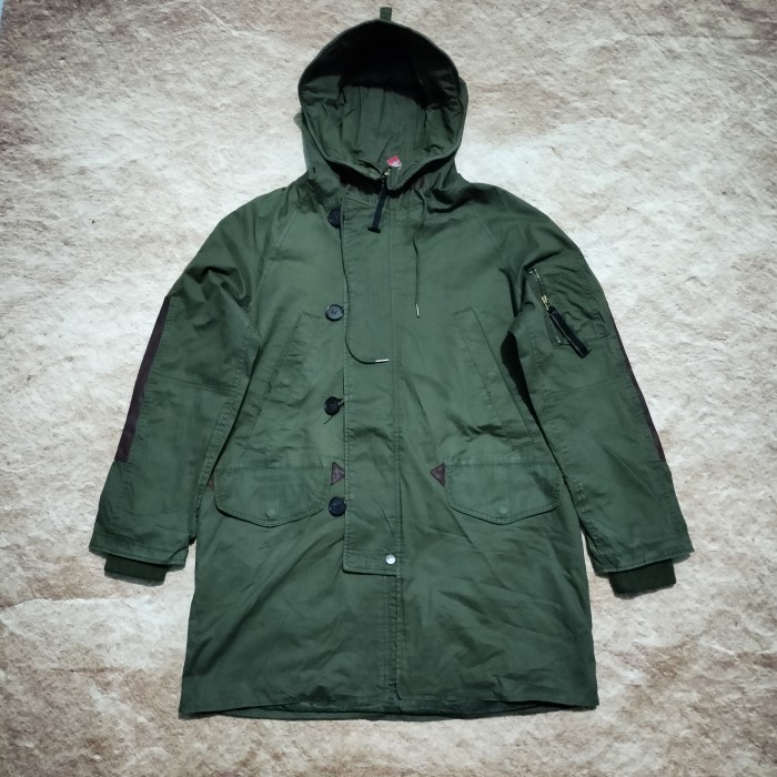 jaket parka UNI3EX KAI AAKMANN hijau army saku samping multi pocket lengan kulit long size XL