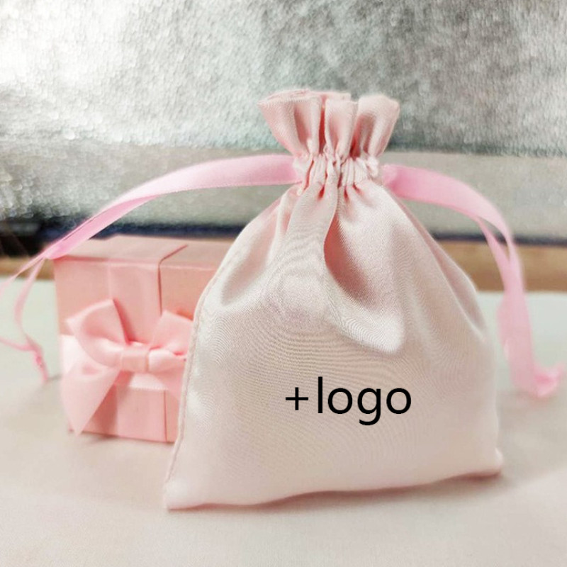 

50PCS Pink Silk Gift Bags Satin Packaging Bags for Business Jewelry Hair Party Candy Makeup Eyelash Drawstring Sachet Print Logo