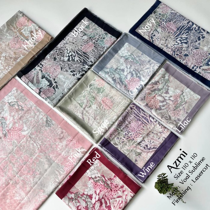 Hijab (Azmi) jilbab kerudung segiempat motif Red merah maroon, Wine ungu, Lilac ungu, Navy biru, Gre