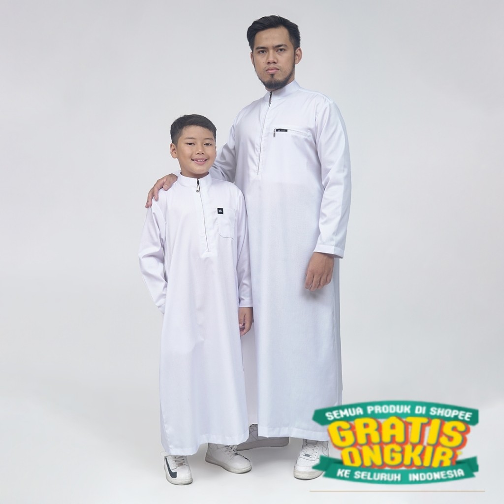 KHOIRUMMAH - Jubah Khalifah Couple - Gamis Ayah Dan Anak Lengan Panjang Model Zipper - White/ Hijau 