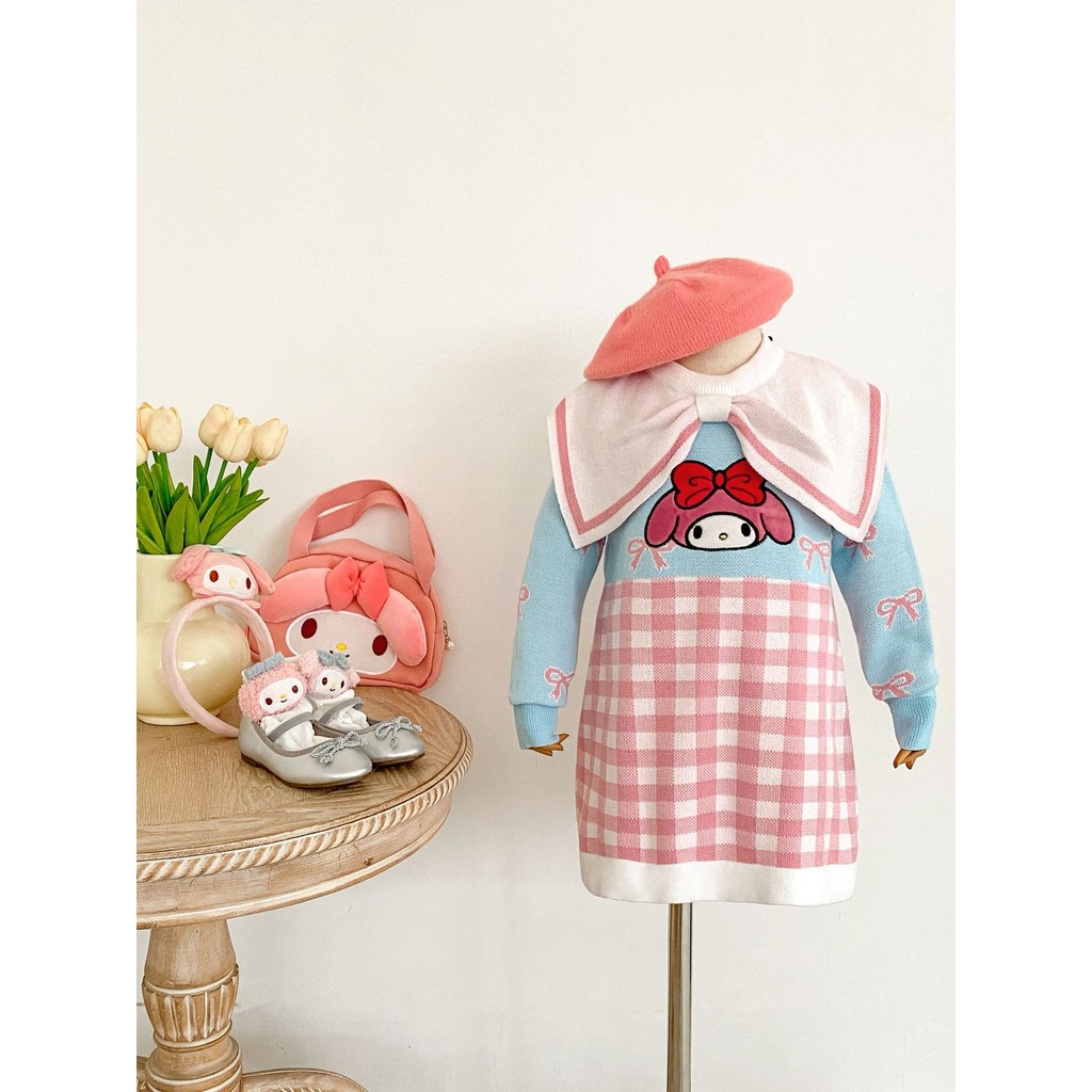 ( DRE983 ) Sweater dress knitted rajut anak perempuan - polyester - sanrio melody - blue biru pink m
