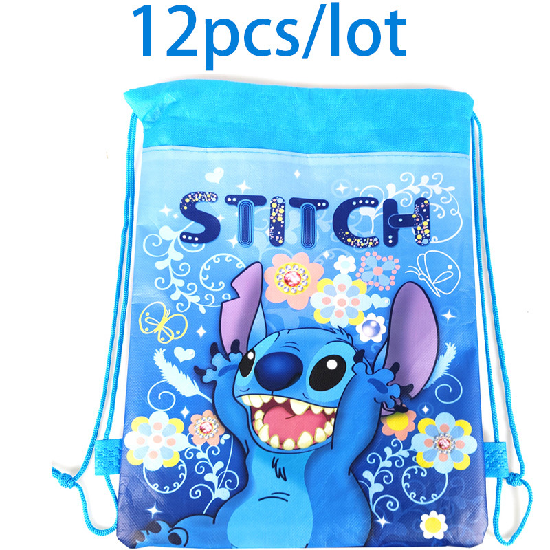 

12pcs/Lot Disney Lilo Stitch Theme Mochila Happy Birthday Party Non-woven Fabrics Kids Boys Favors Drawstring Loot Gifts Bags